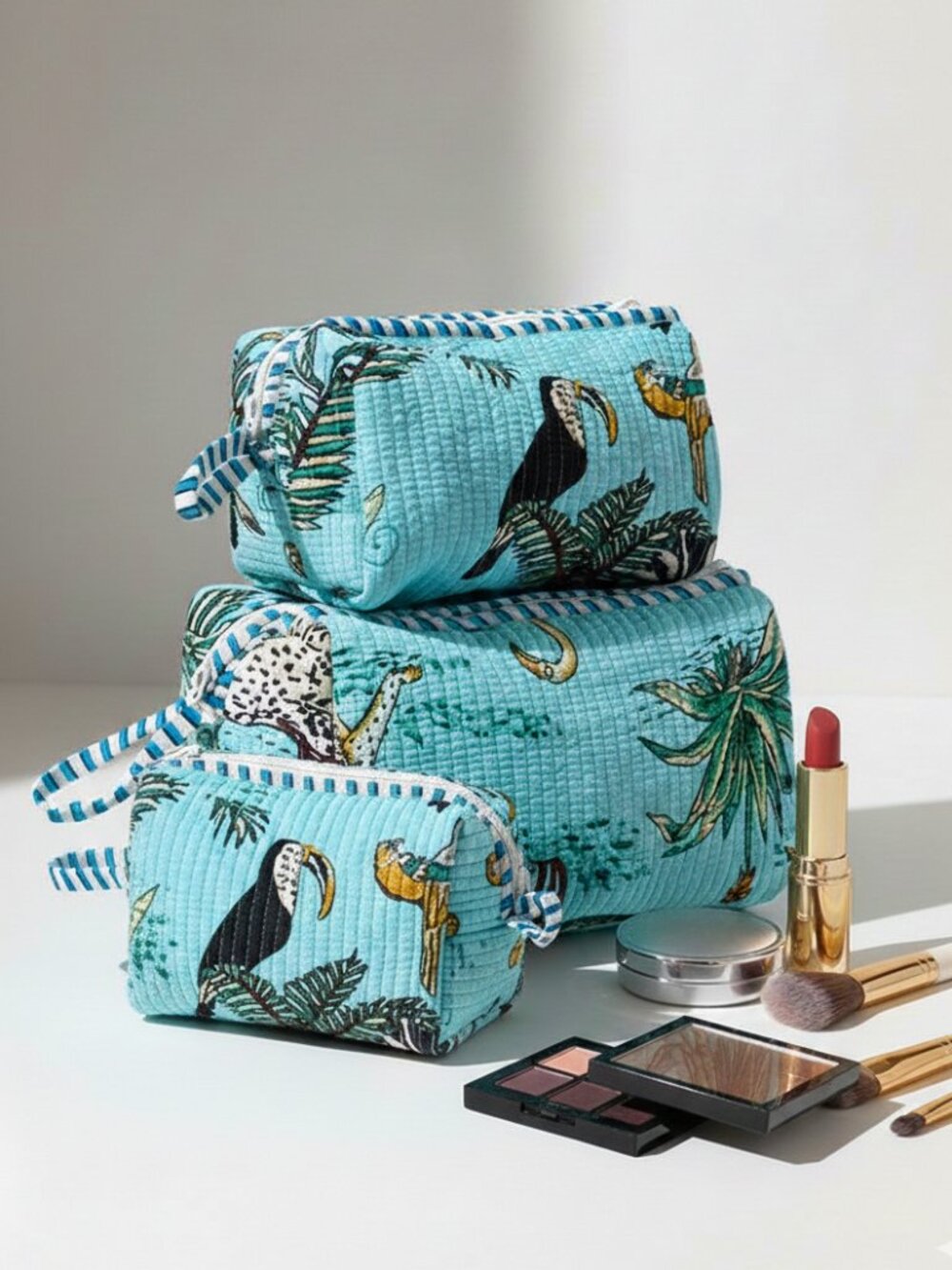 Set Of 3 Block Print Toiletry Bags, Cotton Makeup Bag, Cosmetic Bag Set Gift